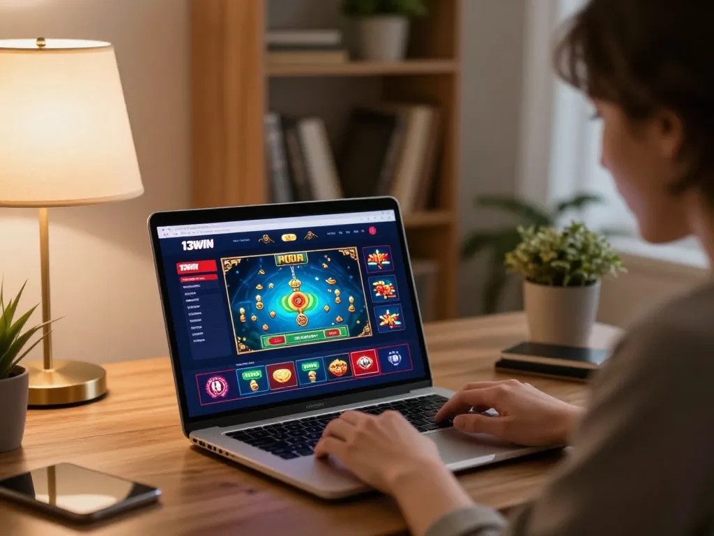 13WIN player analyzing online casino gameplay on a modern laptop in a cozy home office