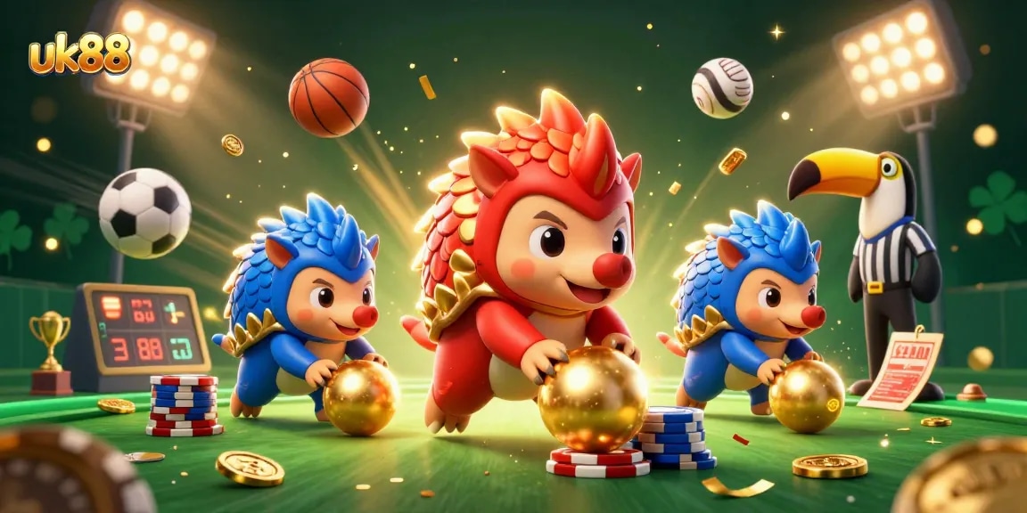Experience thrilling action with uk88's vibrant pangolins competing amidst scattered sports elements.