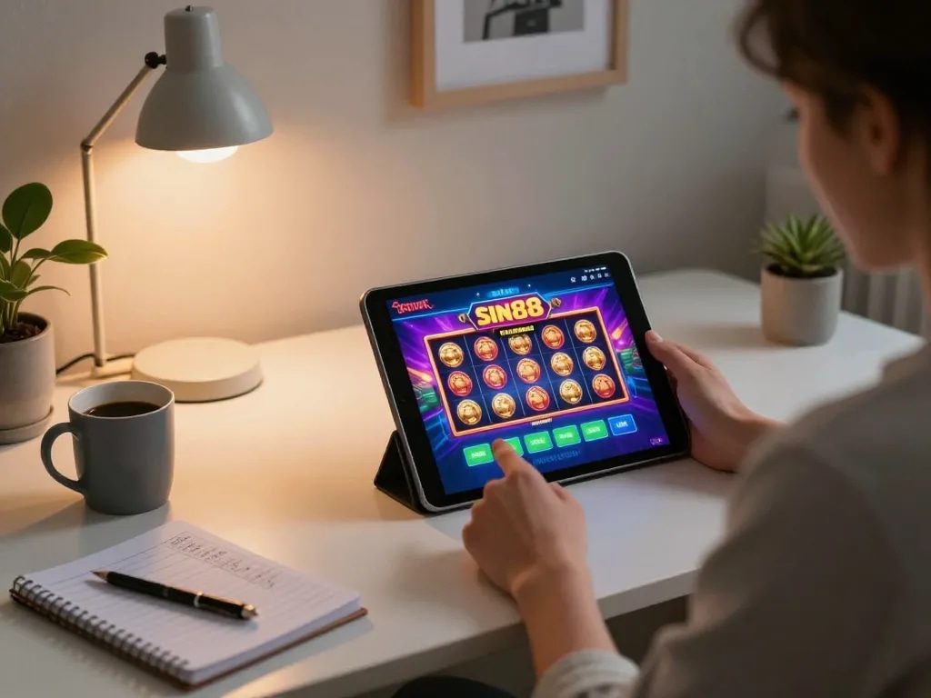 Engaging with the sin88 online gaming app for an exciting slot machine experience at home.