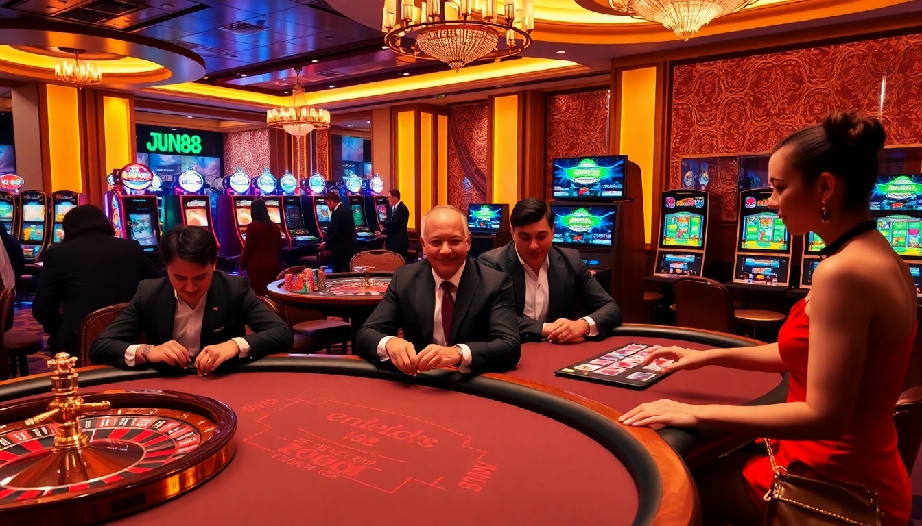 Jun88 players engaging excitedly at a casino table with vibrant chips and cards.