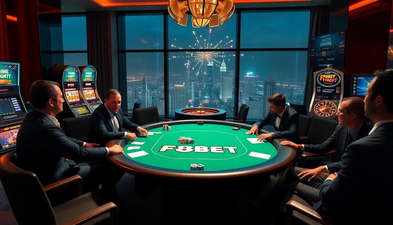 Professional gamblers enjoying a thrilling game at the F8BET poker table in a luxurious casino setting.