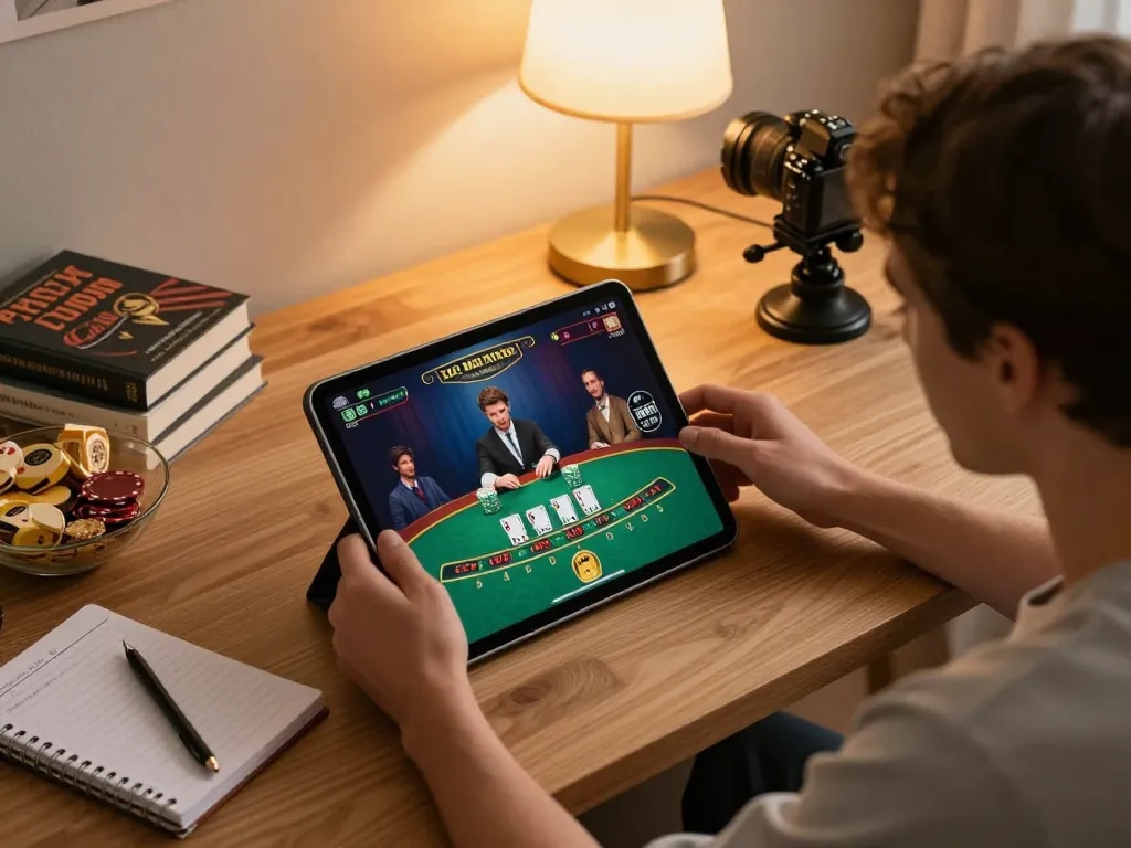 Experience exciting online blackjack gameplay with 789 win on a tablet in a cozy home environment.