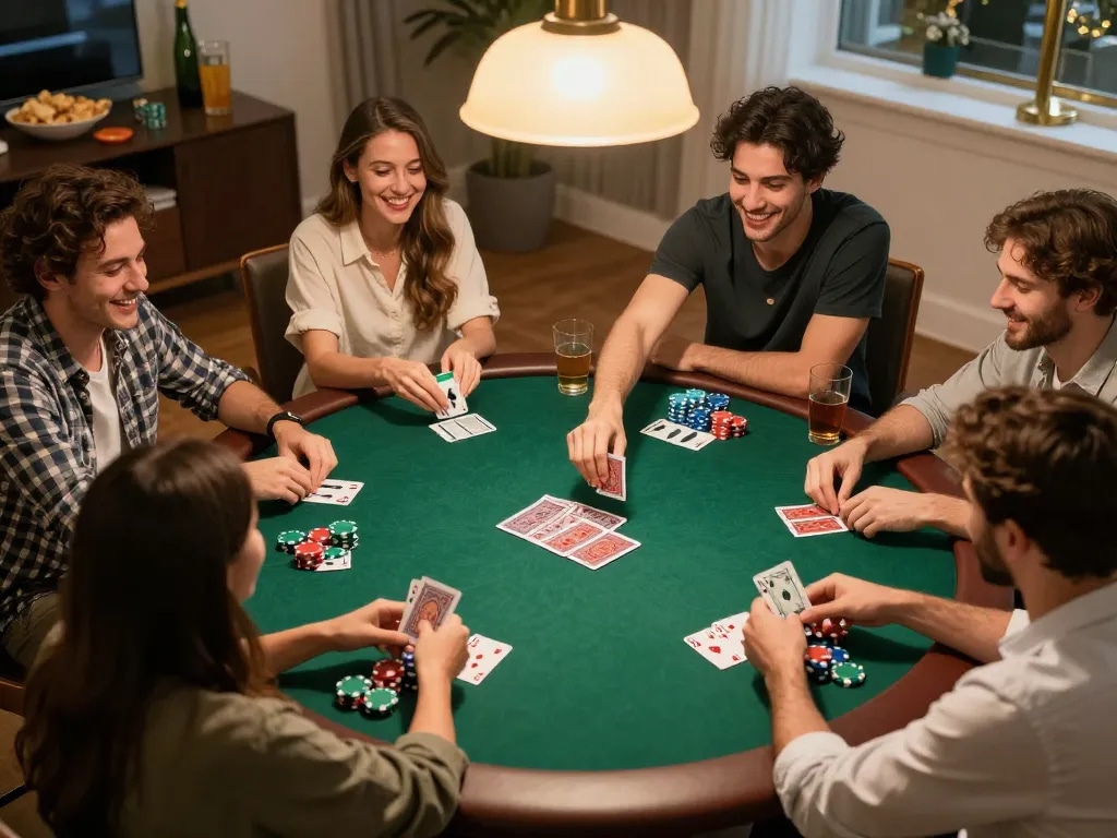 Friends enjoying a lively poker night, showcasing strategic gameplay and camaraderie at home with tx88at games.
