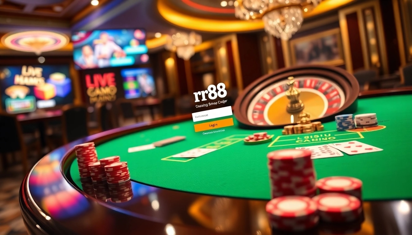 Engaging poker action at rr88 dang nhap casino with vibrant chips and cards.