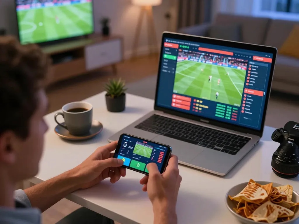 Engaging in live sports betting on hubet through smartphone during exciting match.