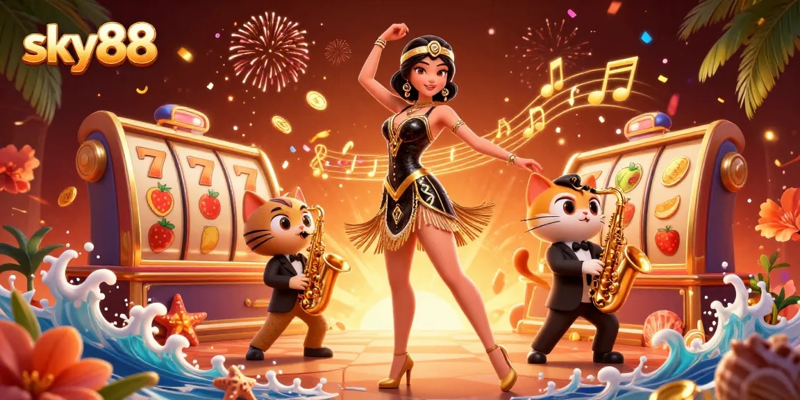 Engage in exciting gameplay with sky88's stunning slots, vibrant characters, and festive elements in a lively casino scene.