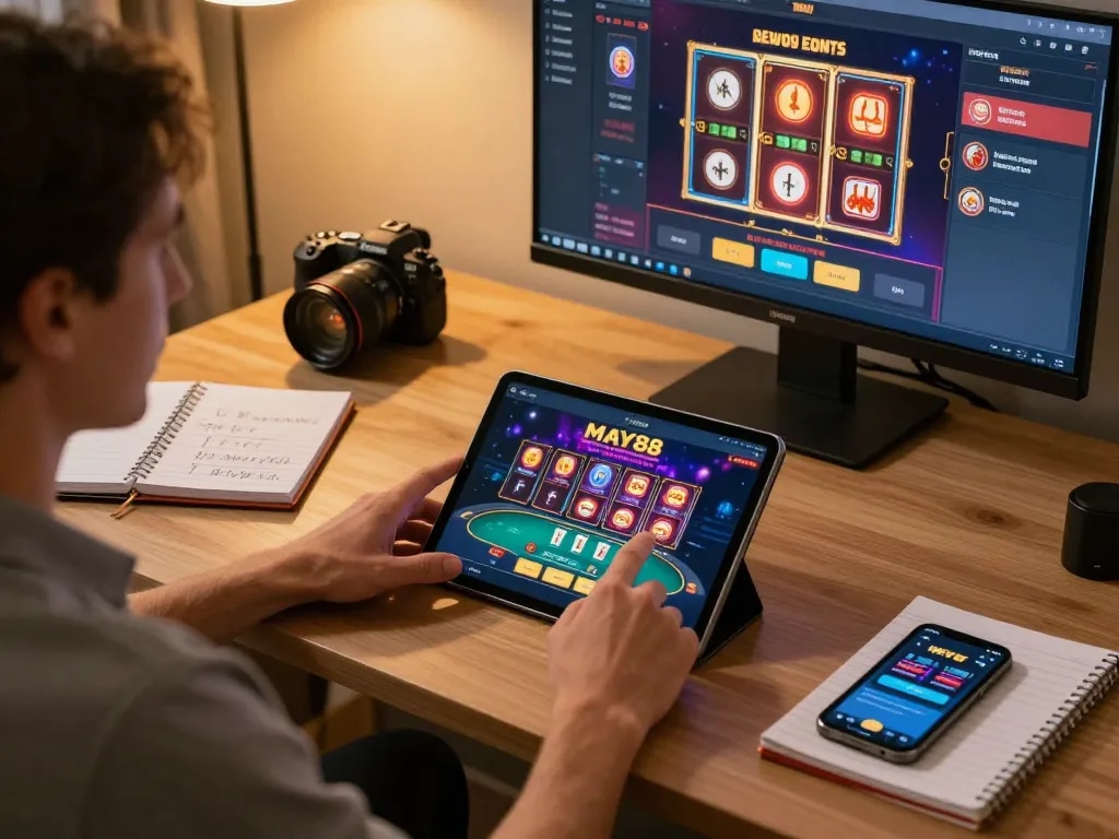 MAY88 user immersed in exciting online casino gaming with tablet and strategy notes