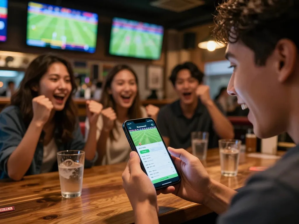 Person engaging with the keonhacai5 betting app in a lively sports bar, capturing the excitement of live sports wagering.