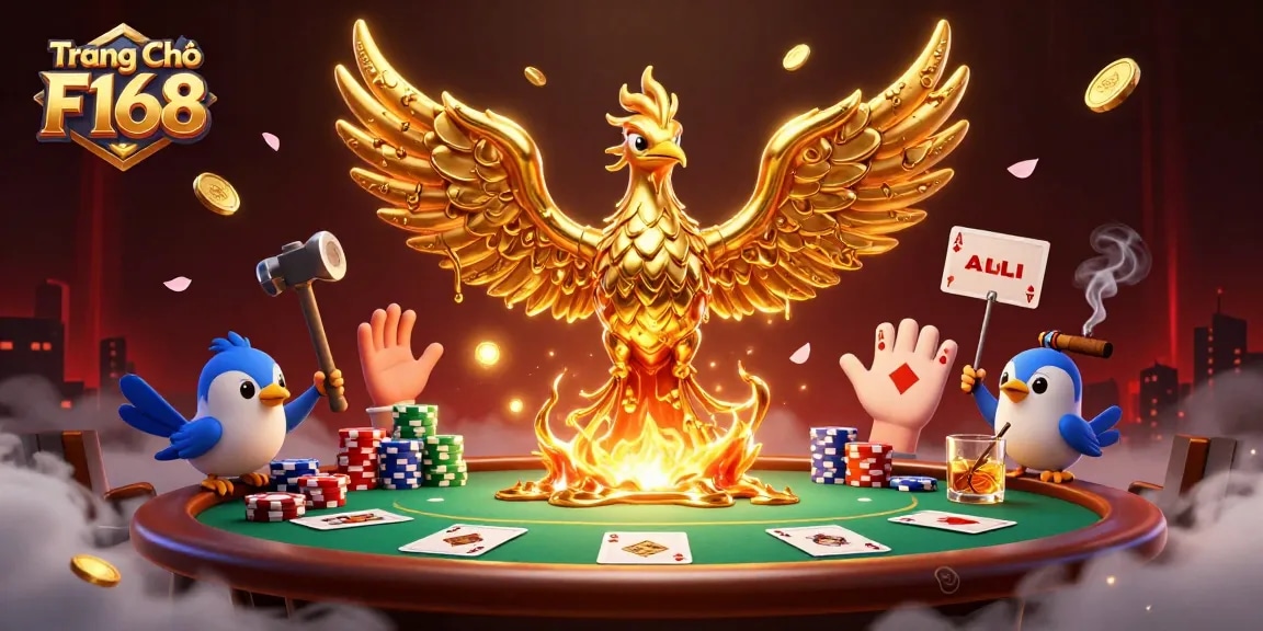 Engage in thrilling gameplay at Trang Chủ F168, featuring a golden phoenix and vibrant poker elements.