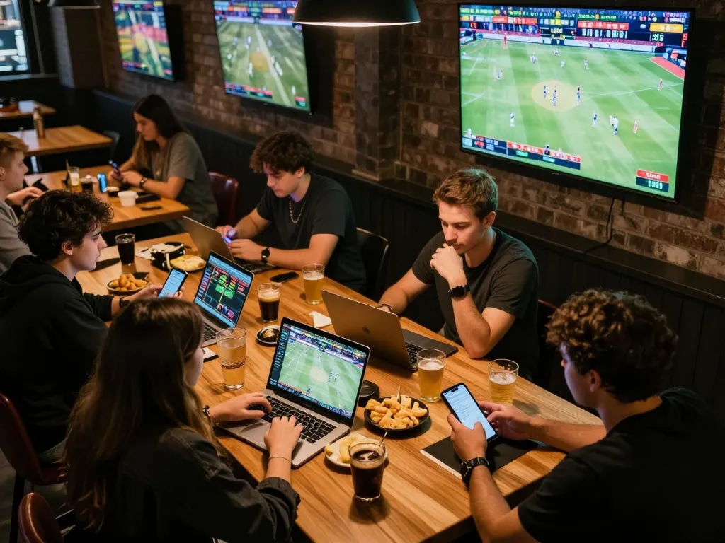 Exciting sports betting experience at https://lc88.center/, with friends engaging in live betting while enjoying the game.