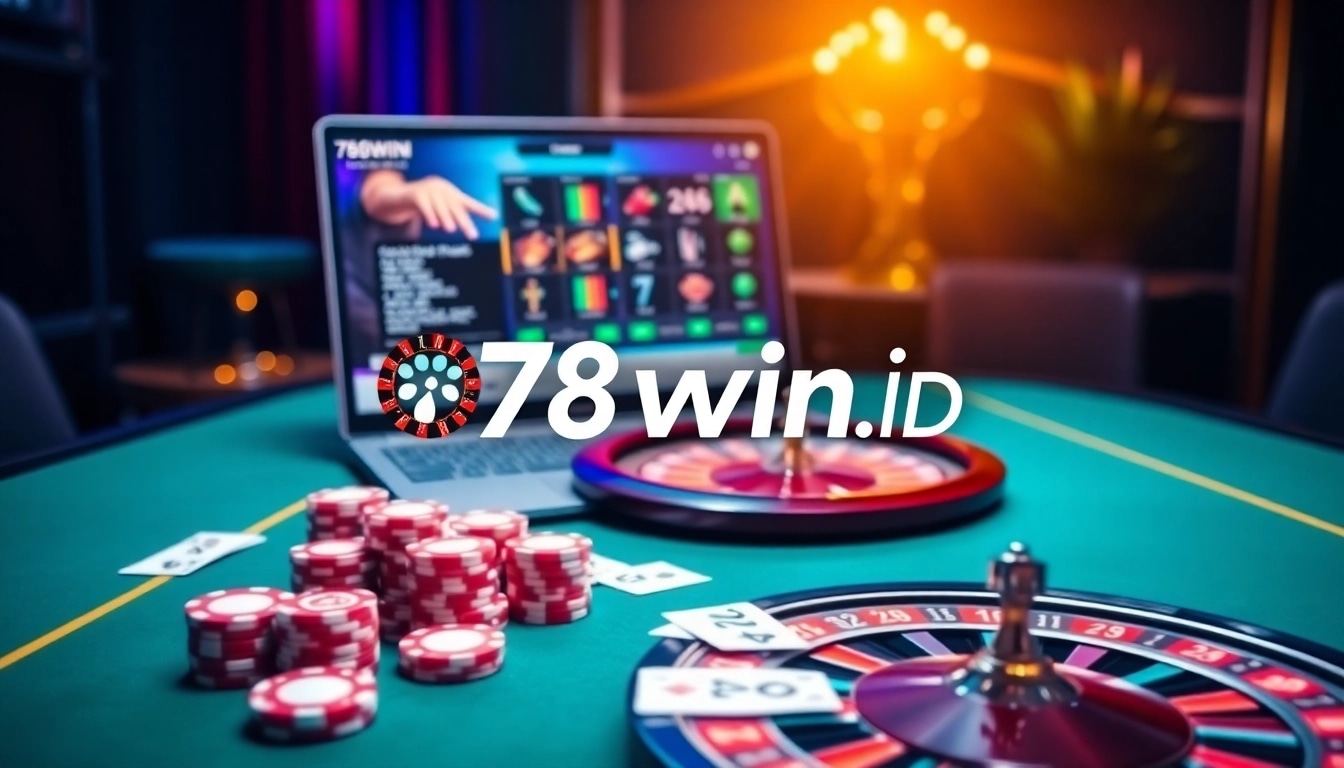 A vibrant casino scene featuring 78win.id logo with poker chips and a roulette wheel for excitement.