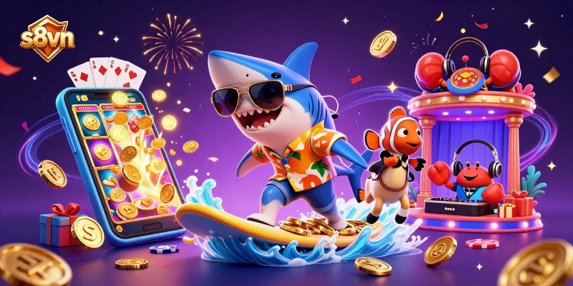 Surfing on a wave of gold coins, the s8vn shark leads a vibrant casino-themed celebration.
