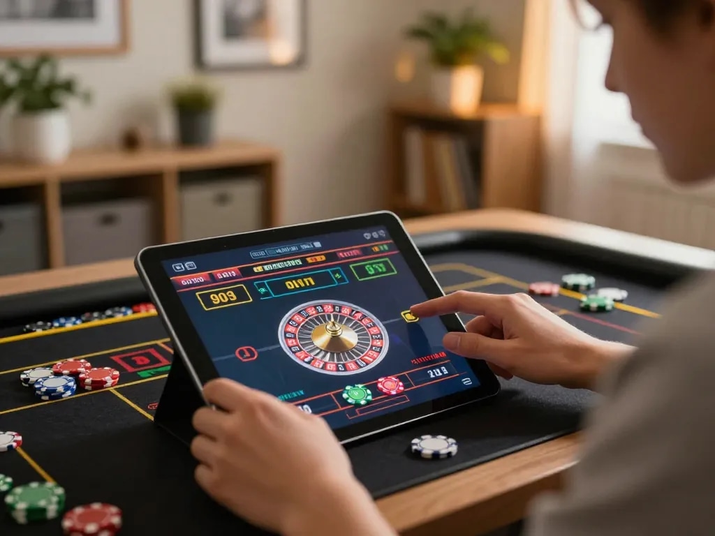 Player engaging with ku88it live roulette game on tablet, showcasing vibrant online casino gameplay.