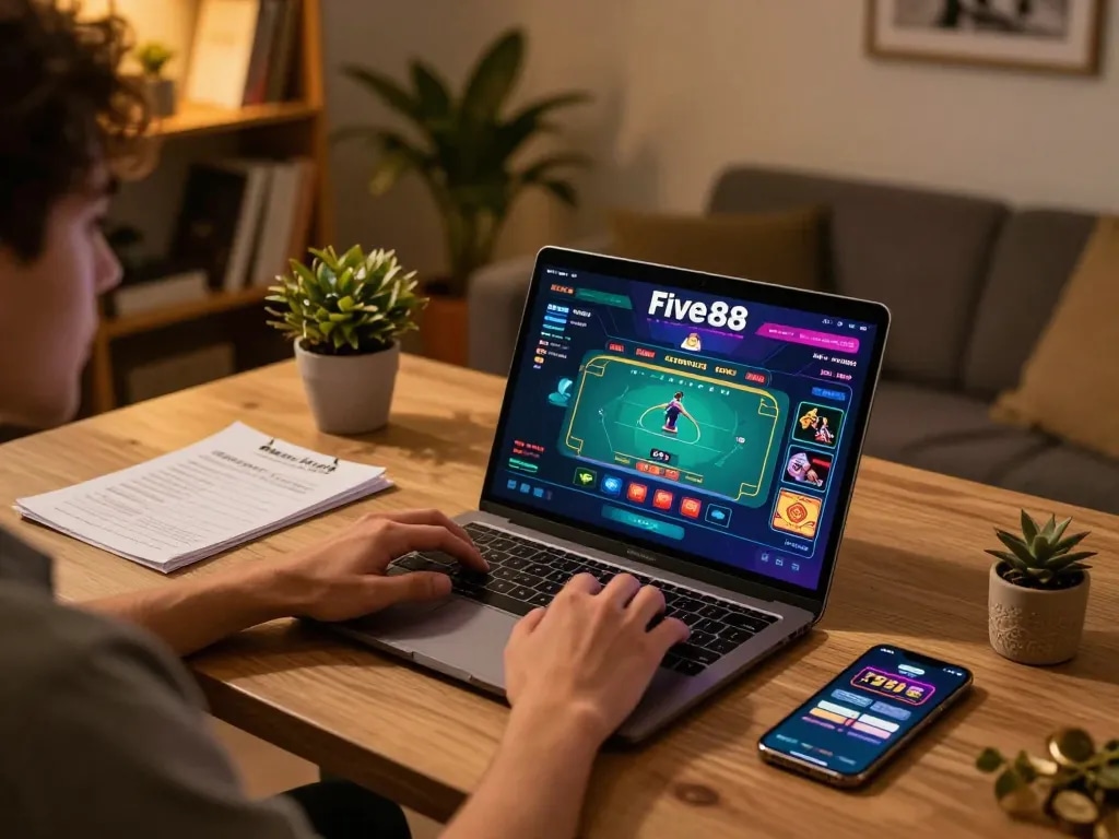 Player winning big on five88bc while gaming online surrounded by strategy notes and snacks.