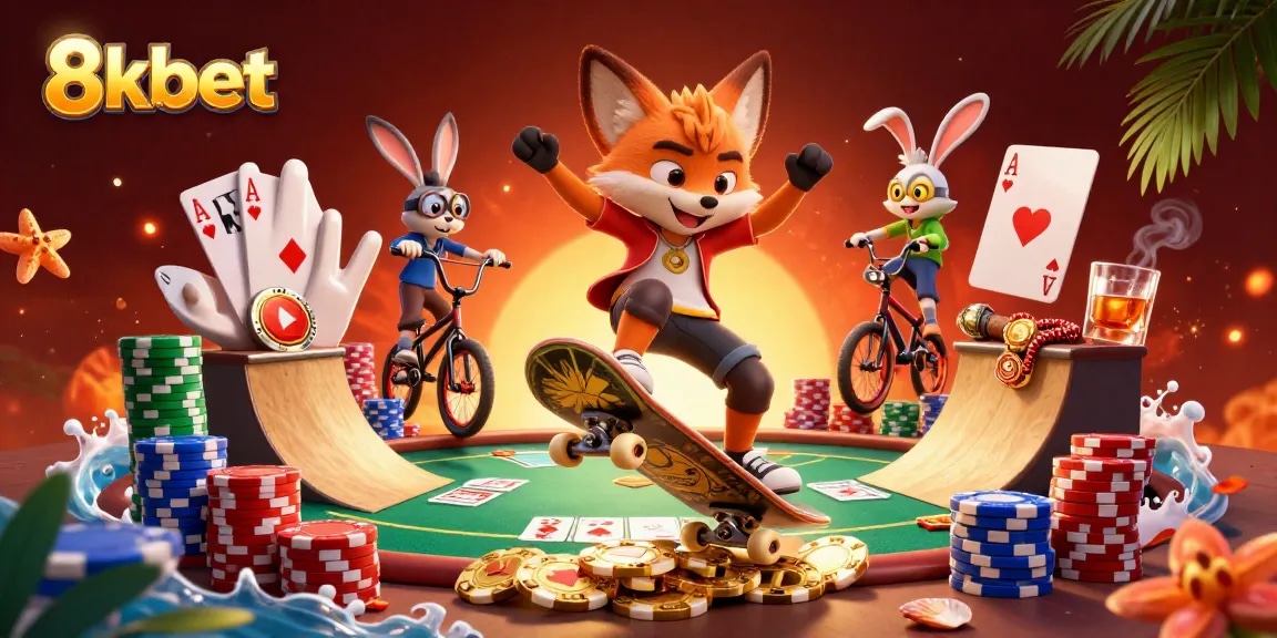 Experience gaming thrills with 8kbet featuring a skateboarder fox and BMX rabbit amidst casino symbols