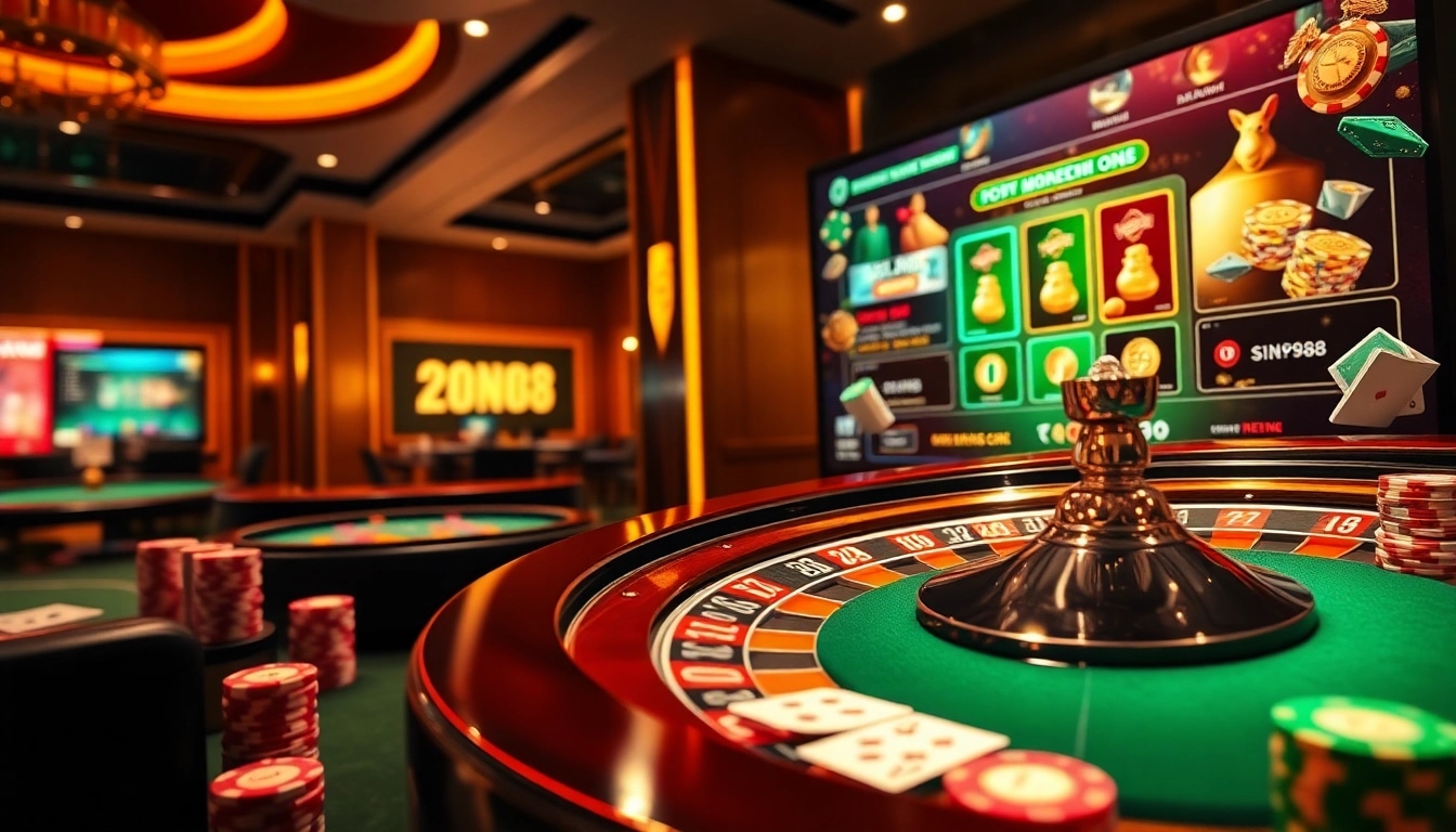 Zing88 players enjoying an exciting casino experience with vibrant poker chips and roulette wheel.