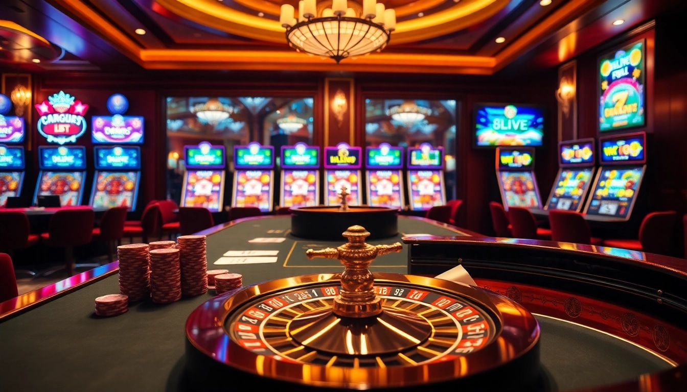 Experience the thrill of gambling at 8LIVE's elegant casino table with poker chips and cards.