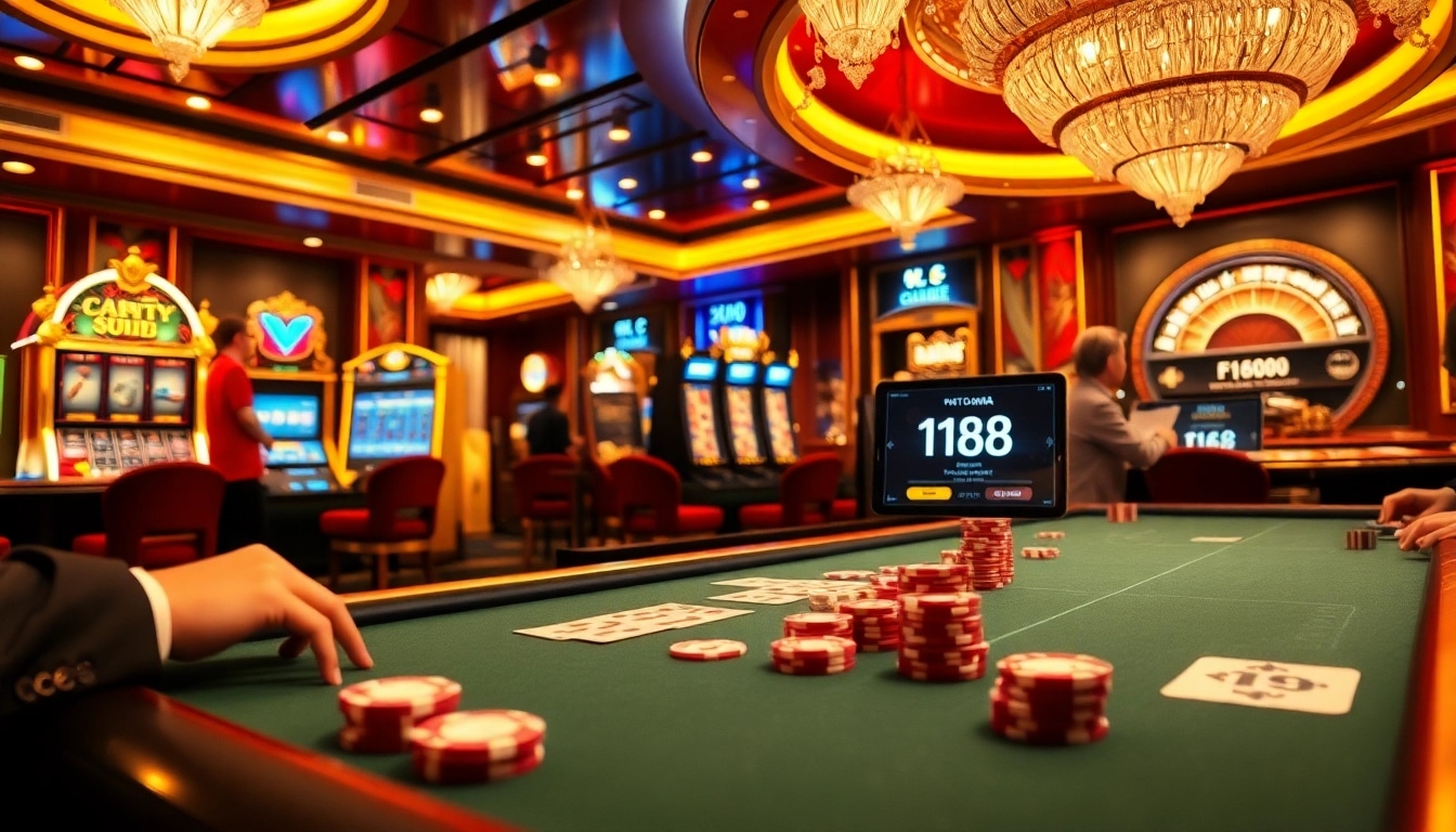 F168 players enjoying a thrilling casino atmosphere with poker chips and slot machines.