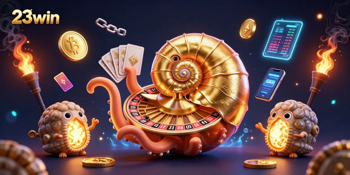 Engage with 23win’s dynamic gambling scene featuring a giant nautilus roulette wheel