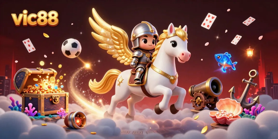 vic88 features a celestial horse and knight in an exciting gambling scene with gold coins and playing cards.