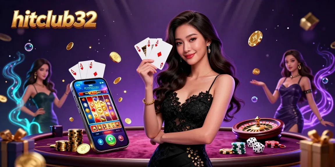 Engage with hitclub32 as an elegant Asian woman flaunts ace playing cards amidst a dazzling casino scene.
