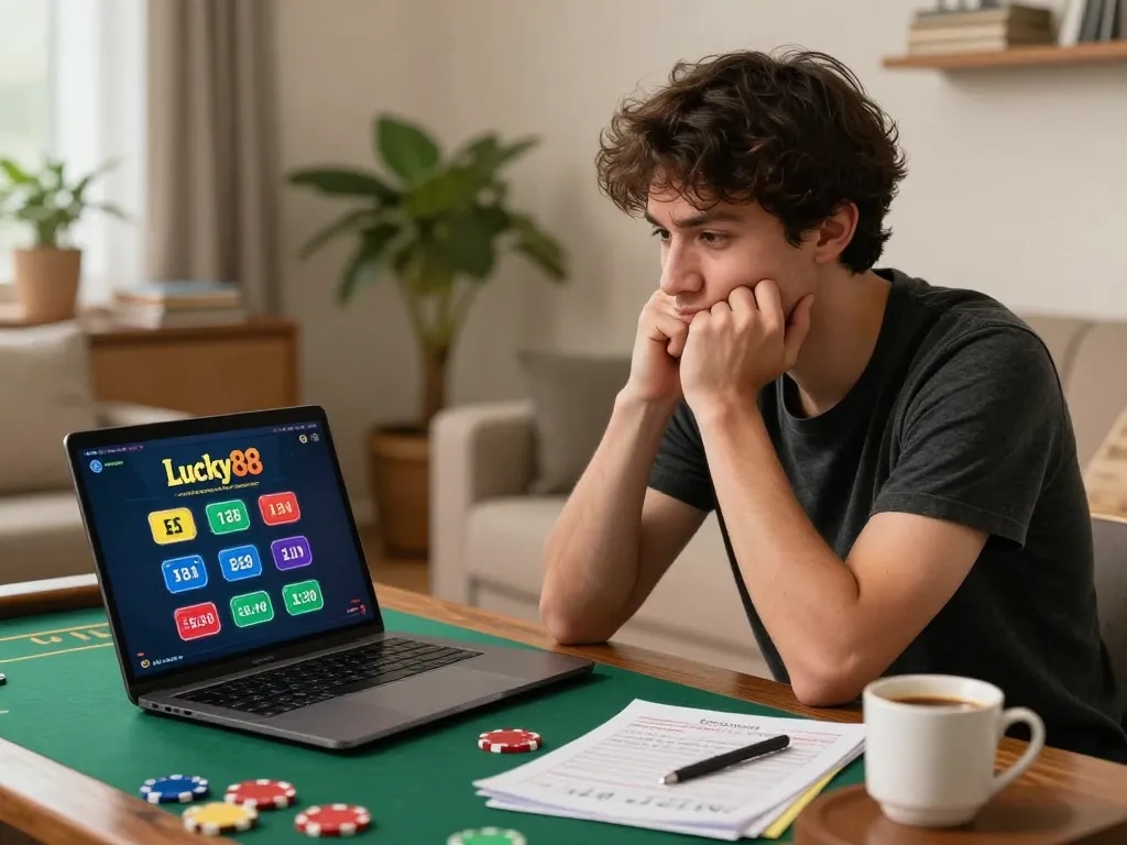 Player calculating bets while using Lucky88 com for a seamless online gaming experience at home.