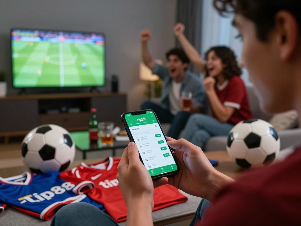 Betting on tip88 app in a lively sports setting, with excitement for live games.