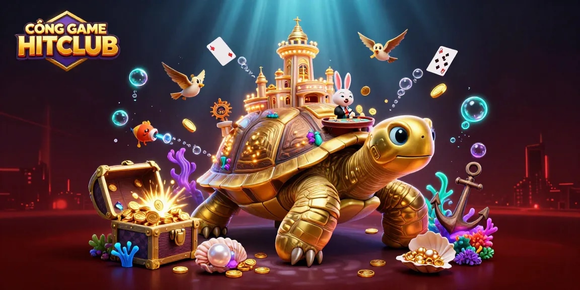CỔNG GAME HITCLUB features golden tortoise casino, rabbit dealer, and flying coins in vibrant underwater scene.