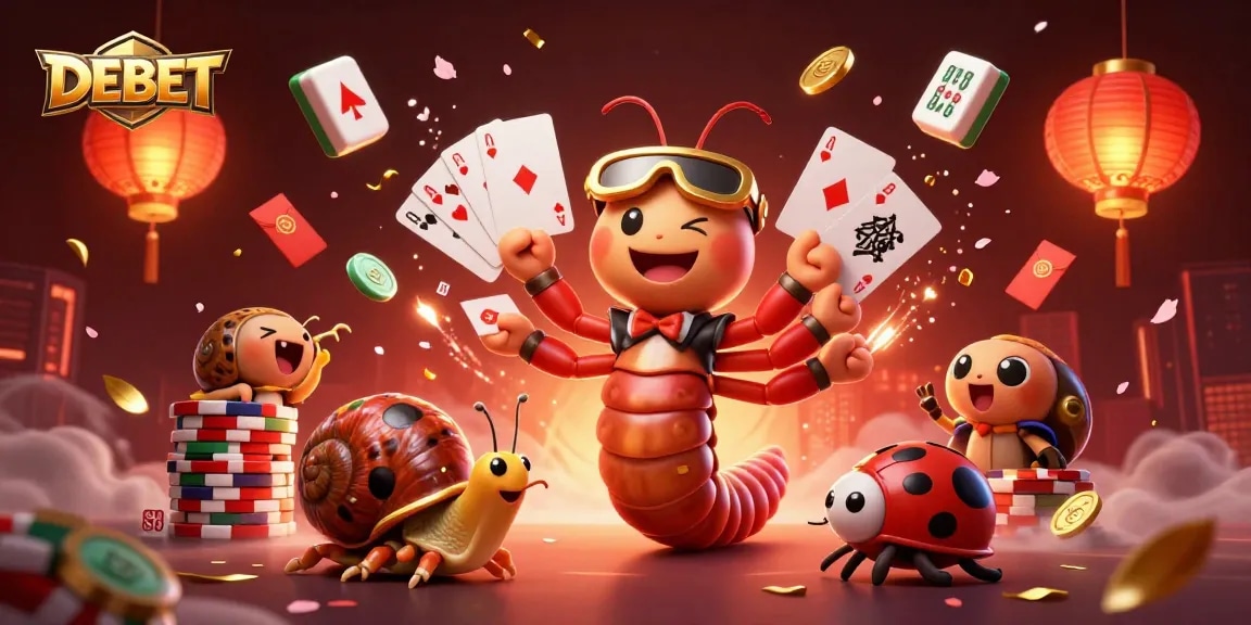 DEBET showcases a vibrant casino scene with a cartoon dealer and exciting game elements.