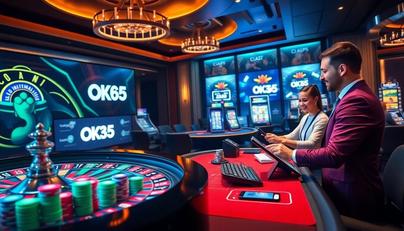 Players enjoy thrilling action at OK365 casino with vibrant slot machines and poker chips.