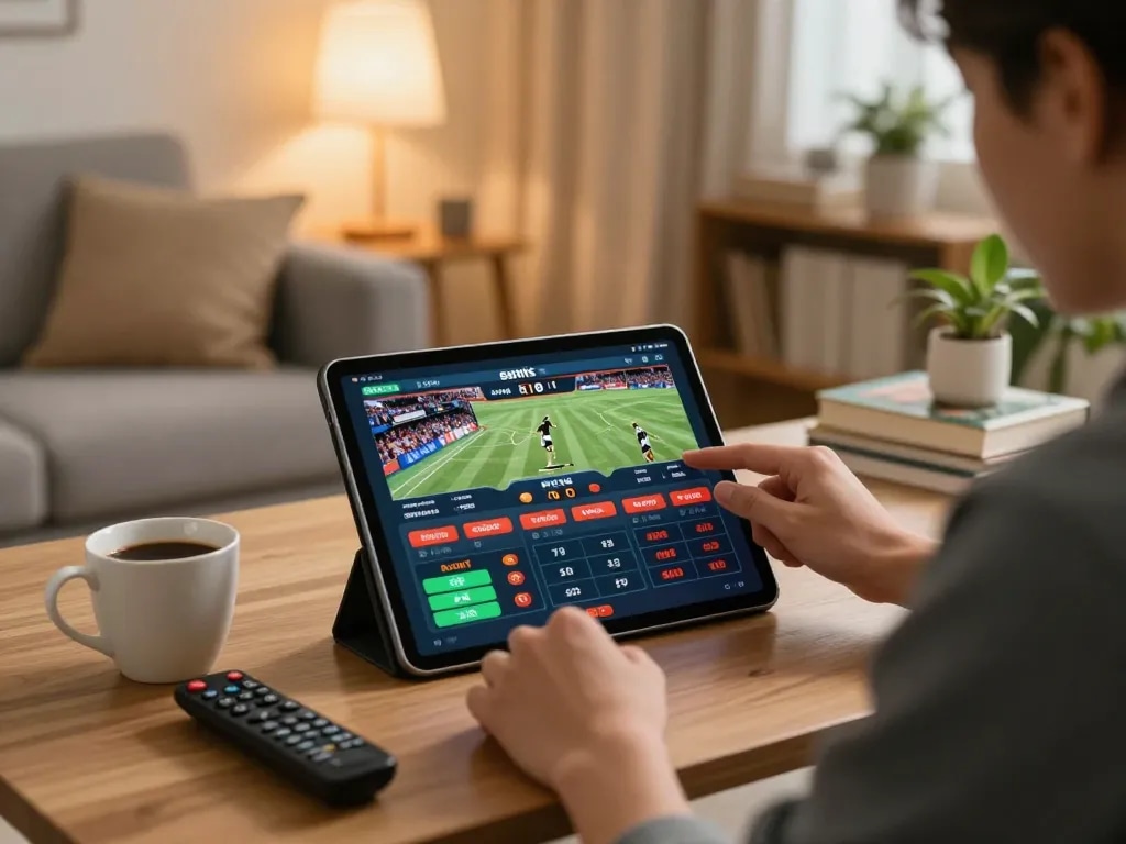 E2bet user analyzing sports betting odds on a tablet in a cozy living room setting