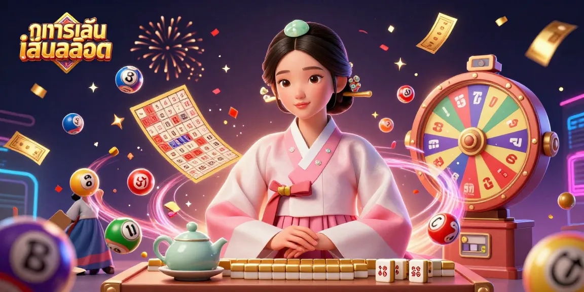 Experience the thrill of ทดลองเล่นสล็อต with colorful lottery elements and an elegant Asian woman at a digital casino.