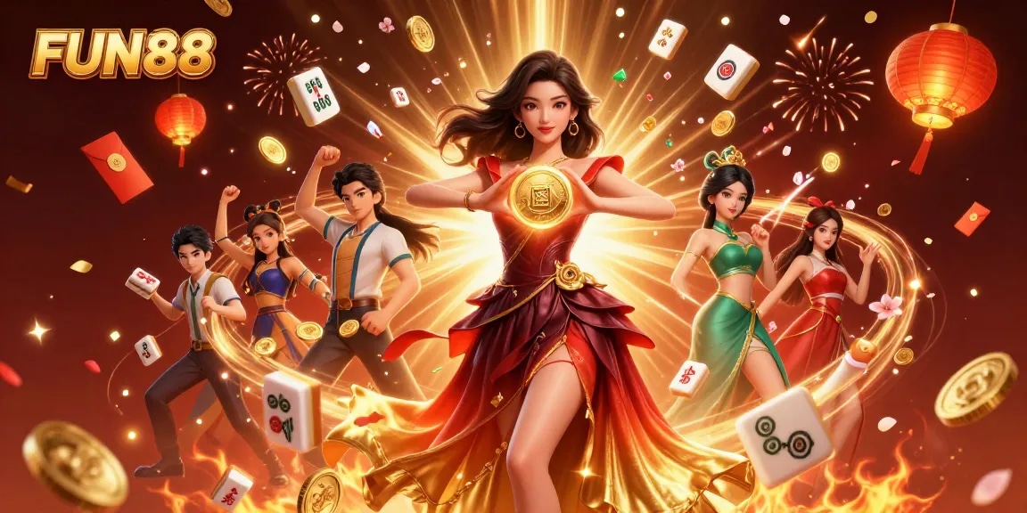 Experience the excitement of FUN88 with rich gambling elements in a vibrant 3D casino scene.