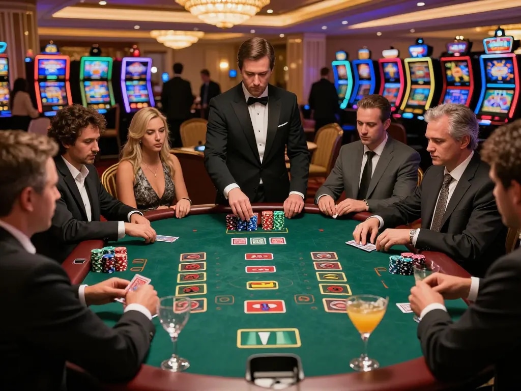 Sky88 players engaging in an intense blackjack game on the casino floor.