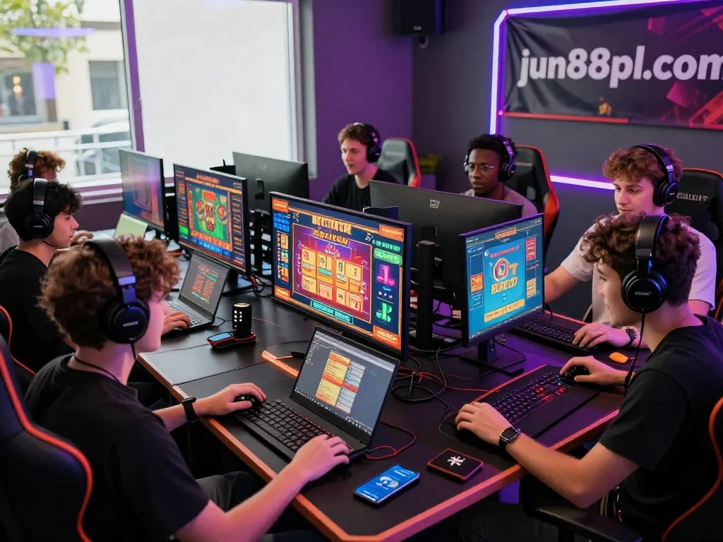Exciting gaming atmosphere at jun88pl.com with players enjoying online casino games and engaging in a lively digital environment.