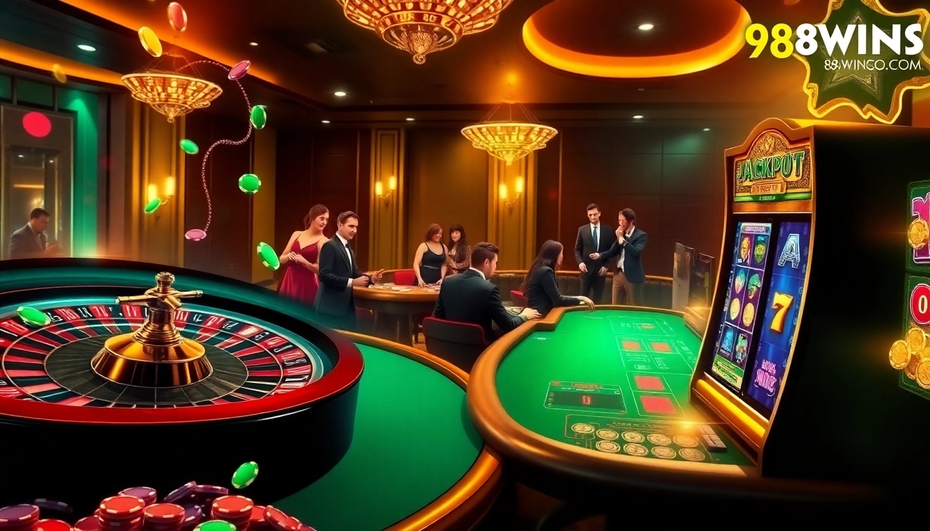 Engaging visual of a thrilling casino scene representing 98WINS CO COM with roulette, blackjack, and slot machines.