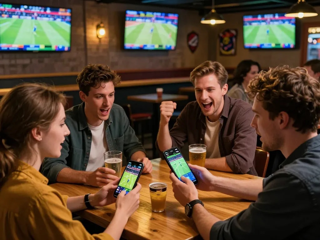 Excited sports bettors engage with their mobile app while enjoying the thrilling fa bet experience at a lively sports bar.