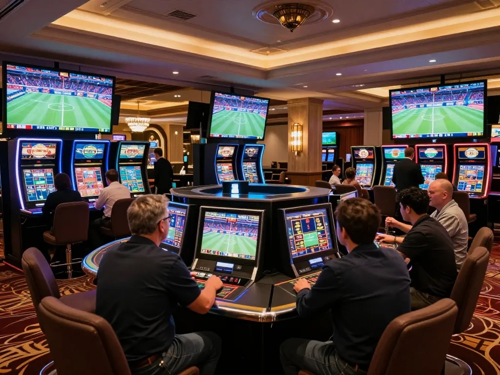 Engaging scene of patrons strategizing bets at a luxurious sports betting lounge, highlighting Da88 uy tín.