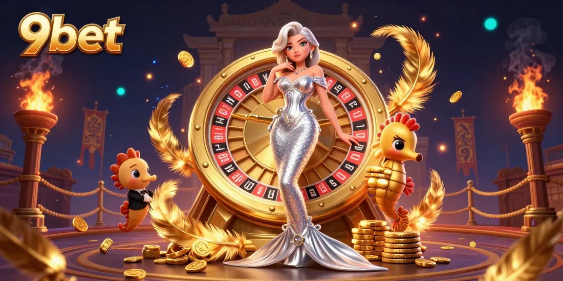 Win big with 9bet's exciting games featuring roulette and cheerful characters in a vibrant 3D scene.