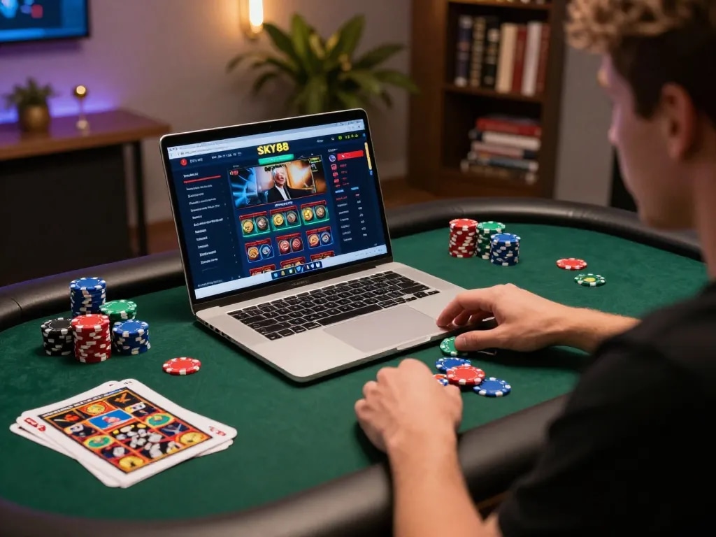 Engaging scene of a player using SKY88 online casino interface, highlighting strategic gameplay.