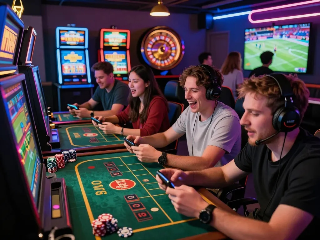Exciting PUB88 online gaming scene with friends engaging in live sports betting and gaming.
