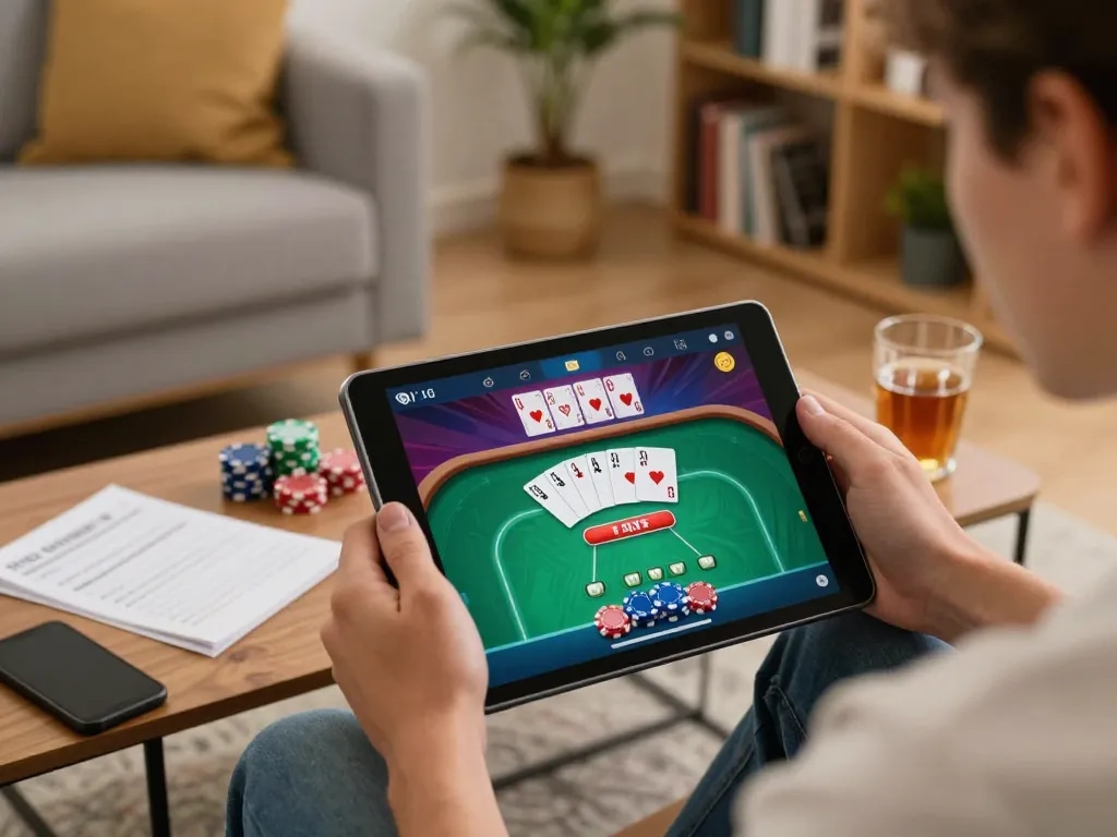 Engaging in competitive poker on tablet during home session, highlighting B52CLUB gameplay strategy.