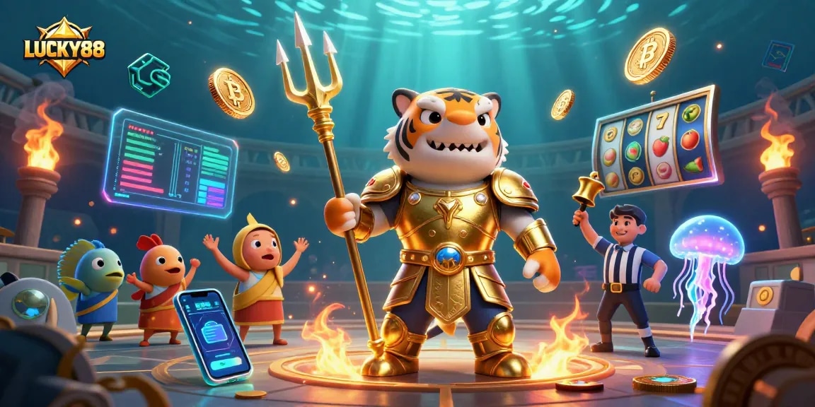 Spin the reels with LUCKY88 in a vibrant underwater casino scene featuring a tiger shark.