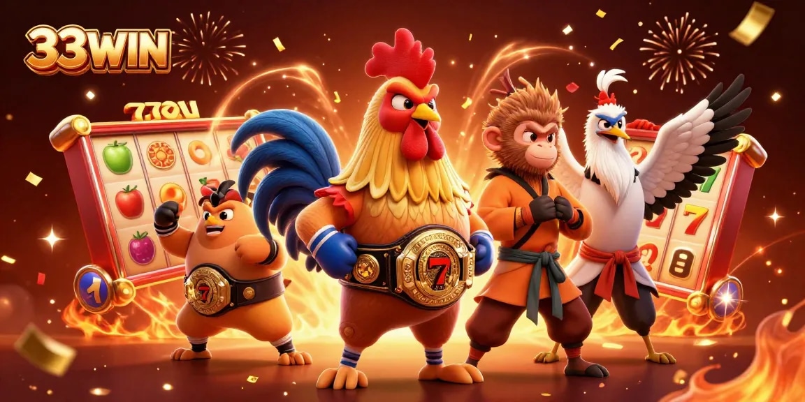 Engage with 33WIN's dynamic casino scene featuring characters celebrating winning strategies with vibrant gaming elements.