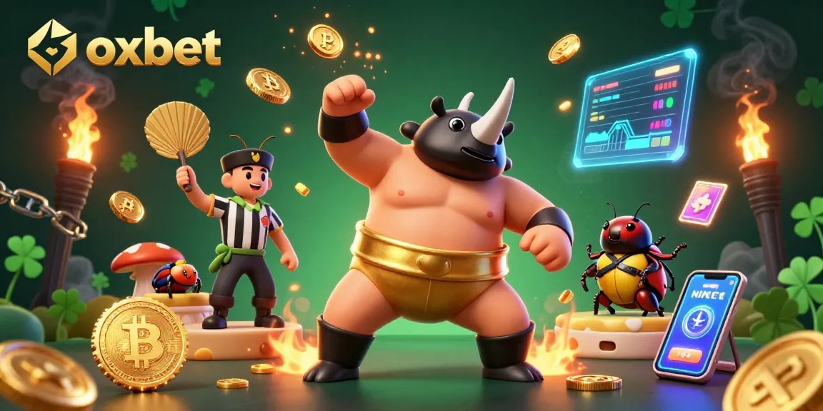 Experience the excitement at oxbet as a sumo champion beetle stomps and sends golden coins flying in a vibrant casino scene.