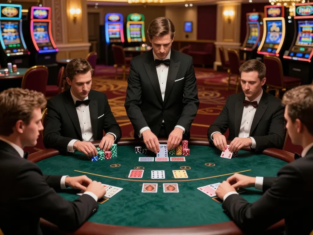 Players engage in FLY888 blackjack action at an elegant casino table.