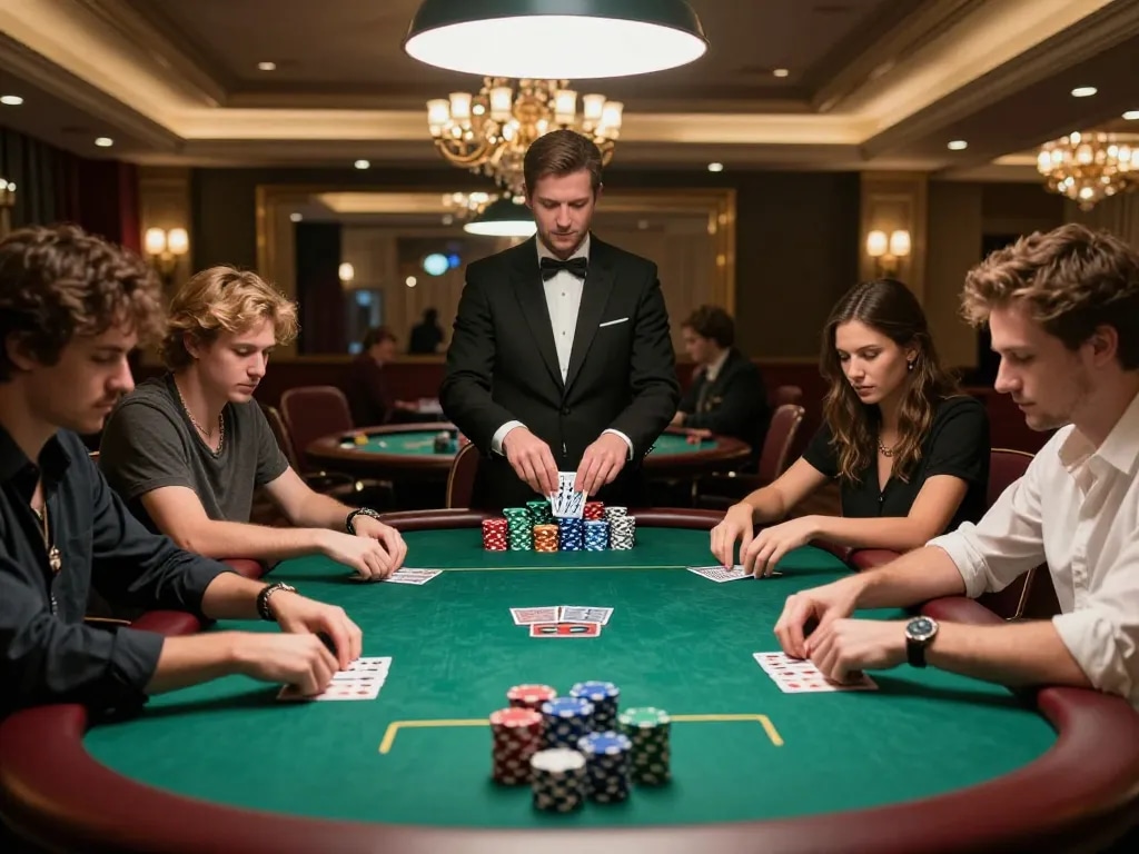 Players strategizing in a high-stakes poker game at https://vk88.vc/ showcasing intense focus and luxury.