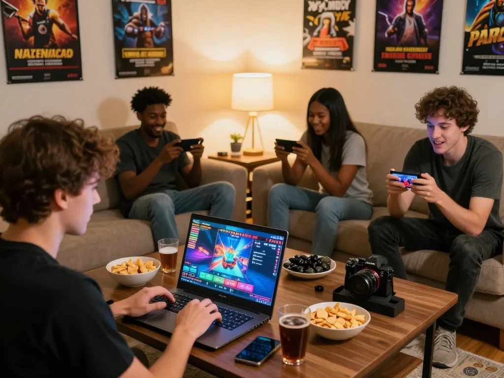 Exciting online gaming moment at home, showcasing players engaging with https://hapify.io/ and enjoying their favorite games.