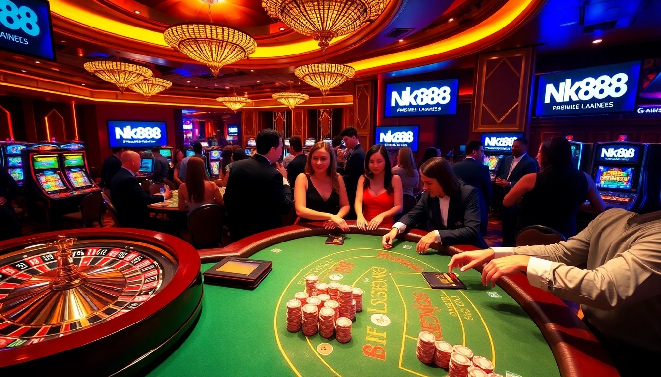 Players enjoying an exciting game of poker at NK88 Casino, surrounded by vibrant slot machines and roulette wheels.