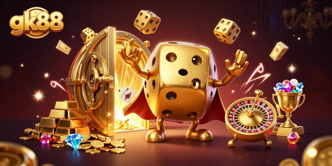 Experience gk88's vibrant casino adventure with a whimsical golden dice golem and dazzling treasures.